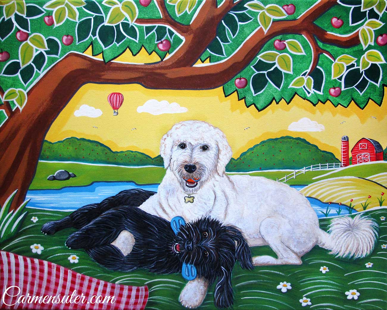 two Labradoodle dogs near a farm yard. Painting Barrie artist Carmen Suter